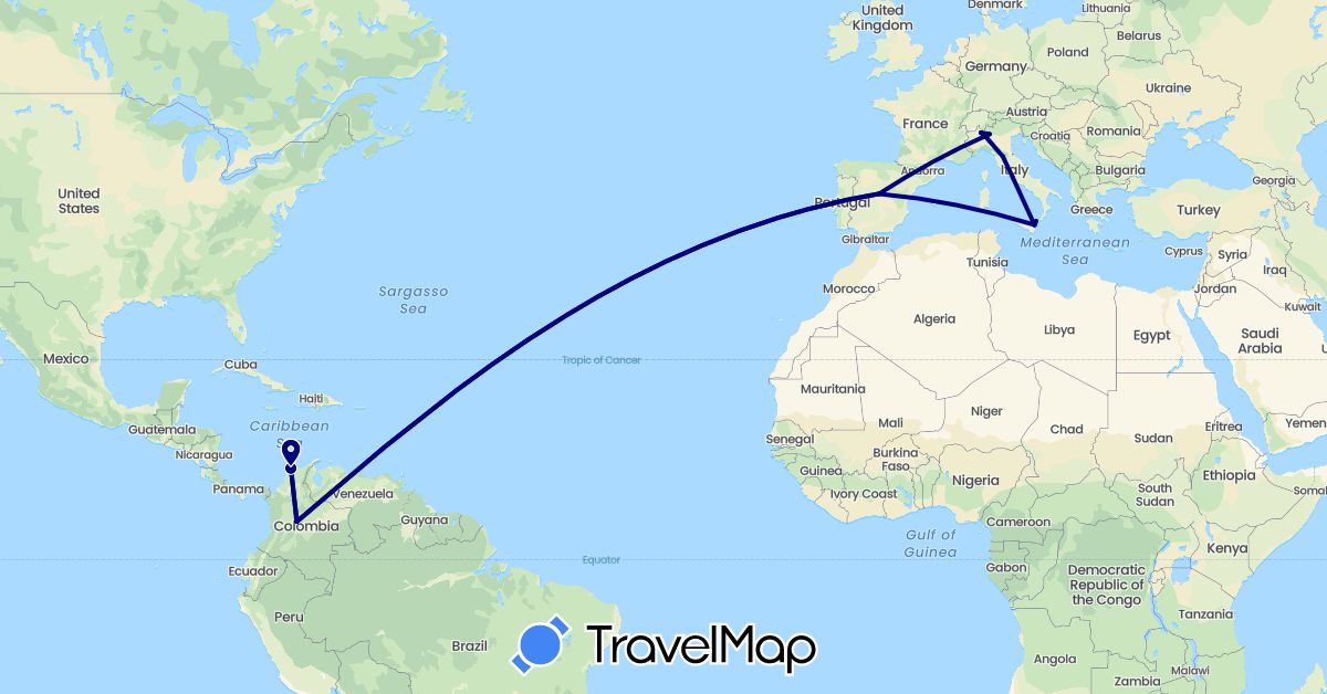 TravelMap itinerary: driving in Colombia, Spain, Italy (Europe, South America)